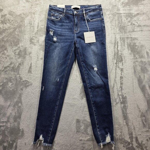 Lovervet Jeans Womens 29 Mid Rise Skinny Dark Wash Distressed Frayed Hem Denim - Picture 1 of 14